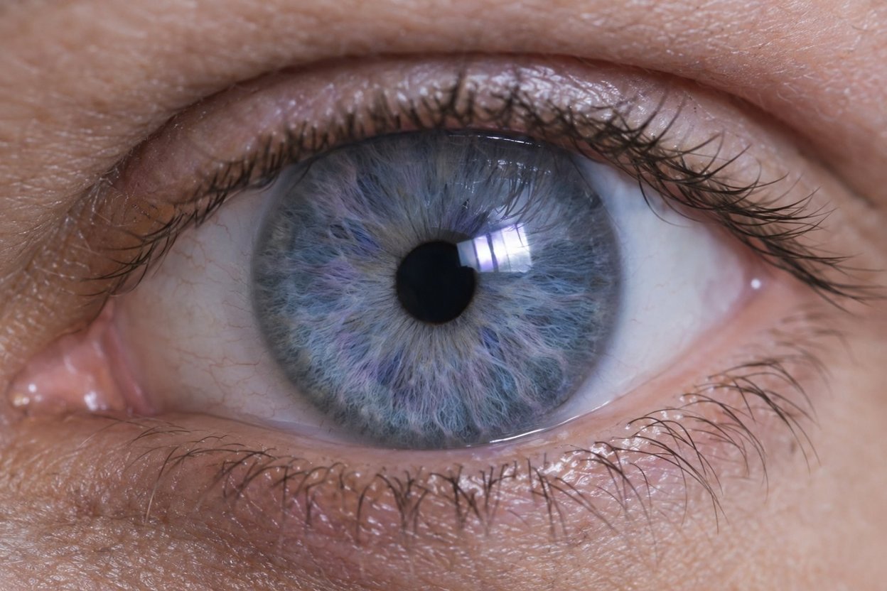 Close-up of a human eye with a light blue-violet iris