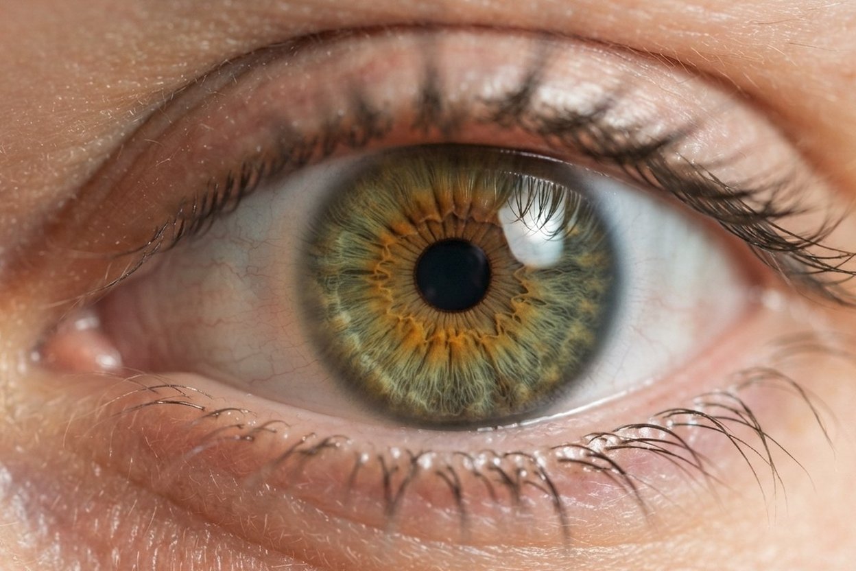 A close-up of a hazel eye with green, gold and brown in the iris