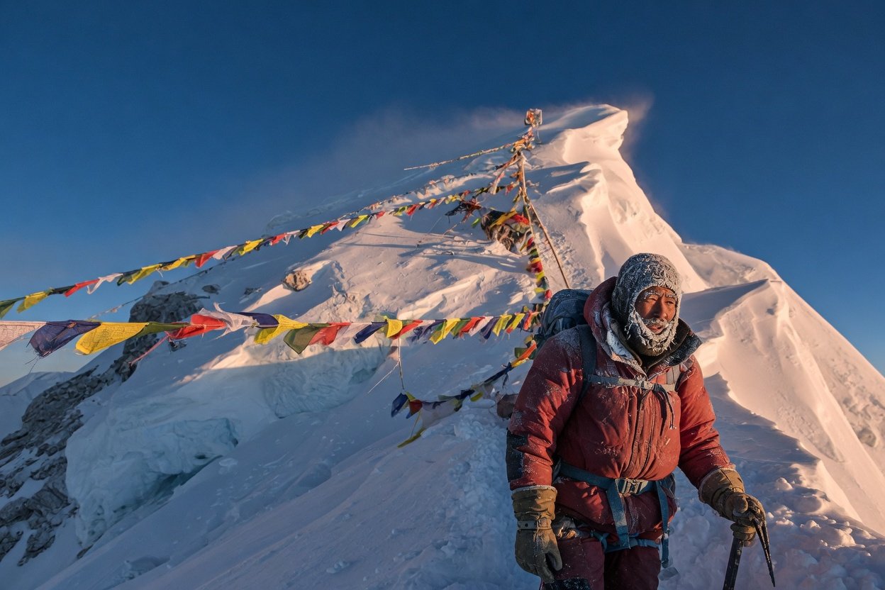A lone climber on a snowy ridge near the summit of Mount Everest under a deep blue sky