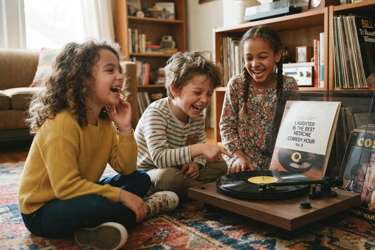 Three kids laughing while a comedy record plays on a turntable in a living room.