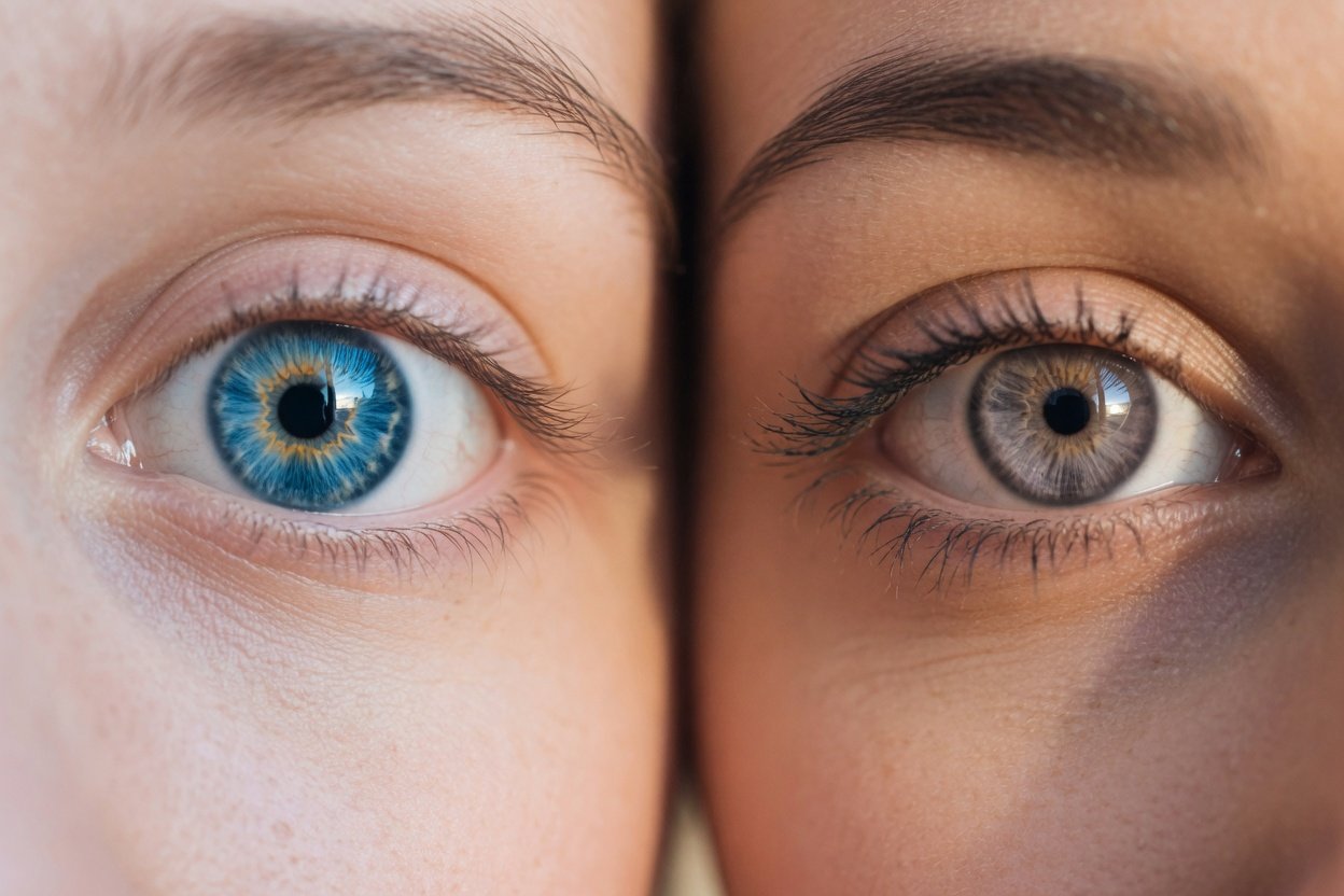 A close-up of a gray human eye with silver and light blue flecks in the iris