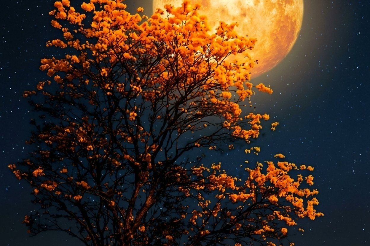 A full orange moon over a tree with orange autumn leaves at night