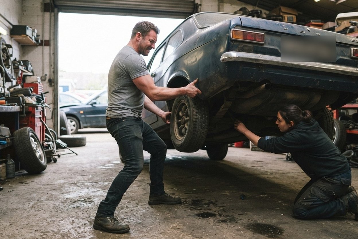 A man lifting the back of an old car in a garage while a woman kneels and reaches underneath