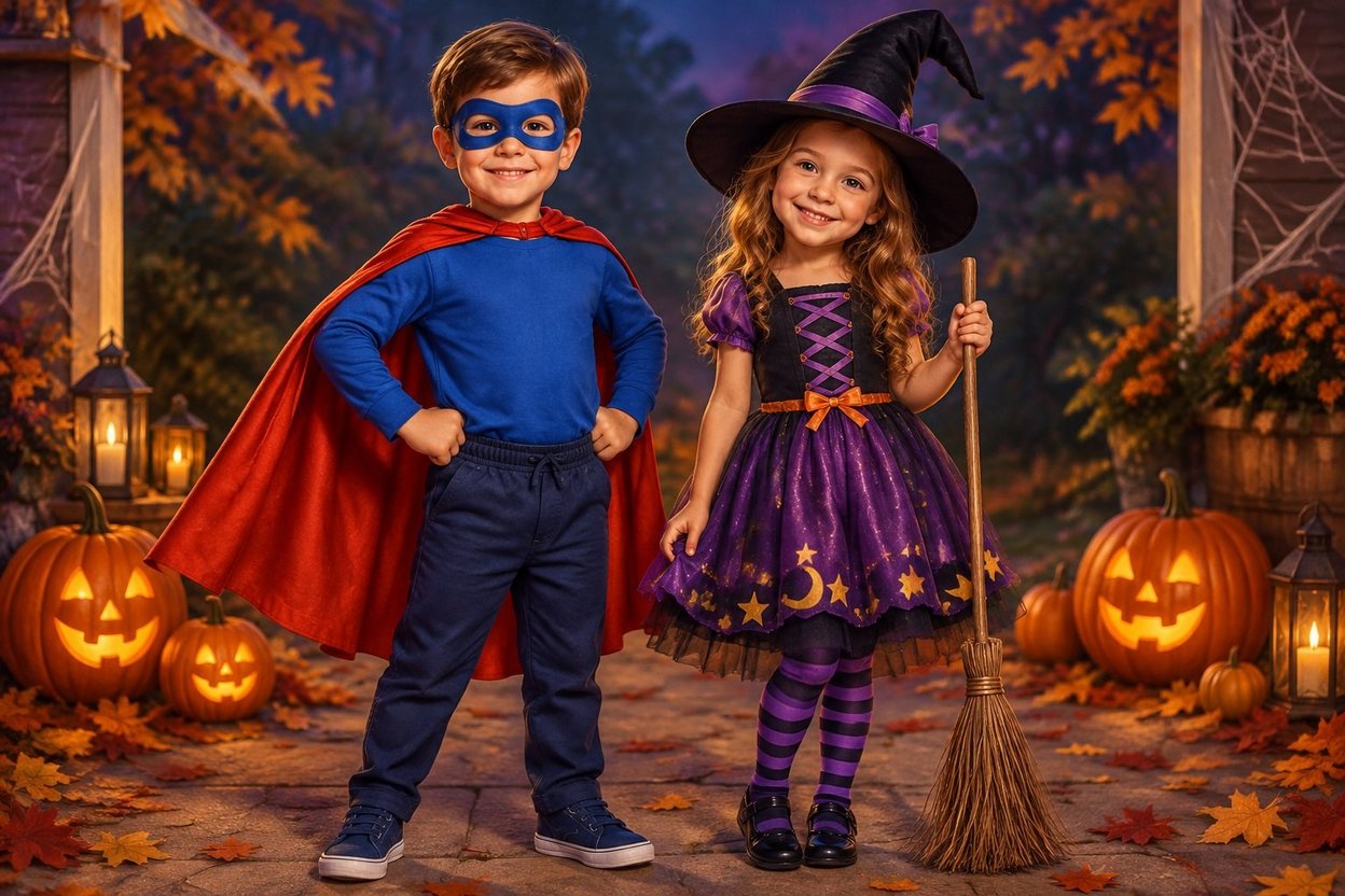 Trick-or-treaters in witch hats and Spider-Man costumes walking down a suburban street at dusk.