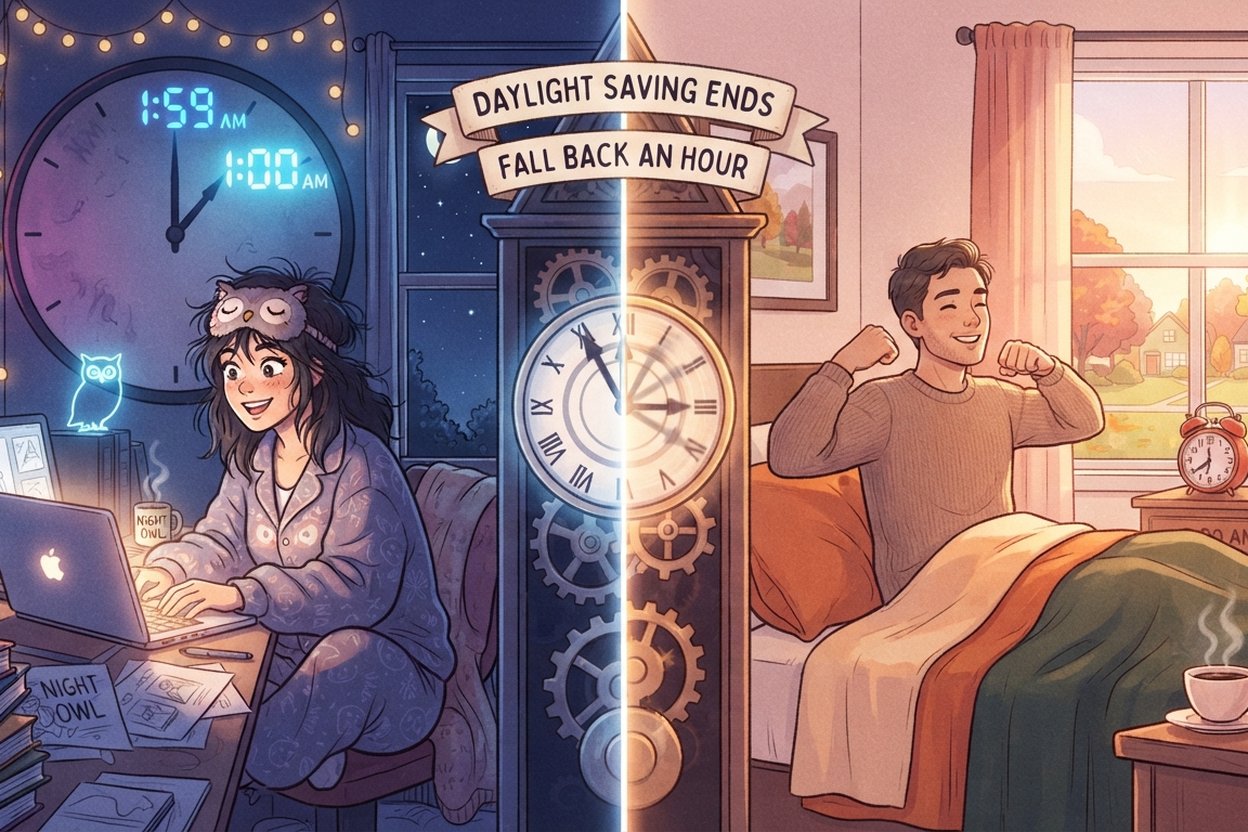 Illustration of a night owl at a laptop and a morning person waking up, split by a clock for the end of daylight saving time
