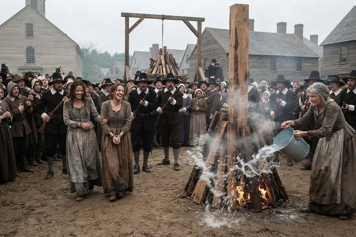 Illustration of Puritan villagers around a smoking stake being doused with water