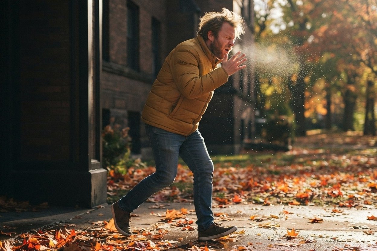 A man in a yellow jacket sneezing as he steps out into bright autumn sun on a leaf-covered sidewalk