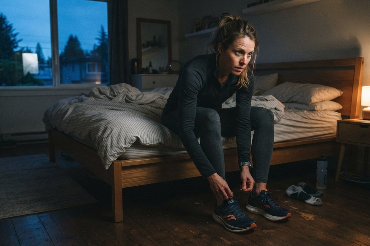 A woman sitting on the edge of her bed before dawn, lacing up her running shoes