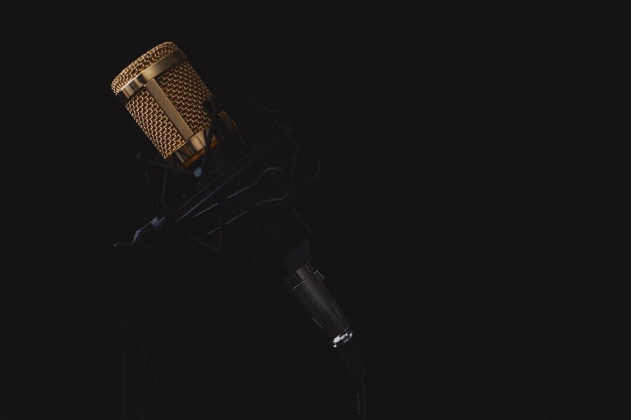 A studio microphone on a stand, close up.