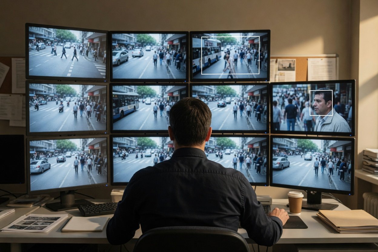 A wall of video monitors showing crowded street scenes, with one face highlighted