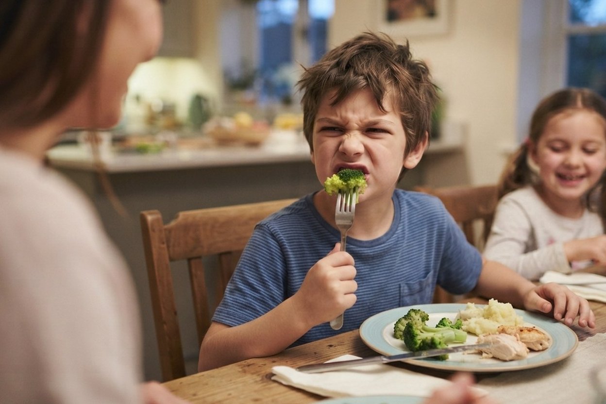A boy pulling a face at a forkful of broccoli at the family dinner table