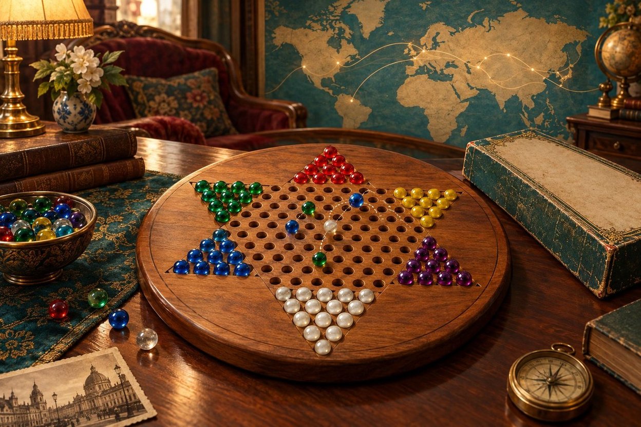 Vintage Chinese checkers board with colored marbles on the star.