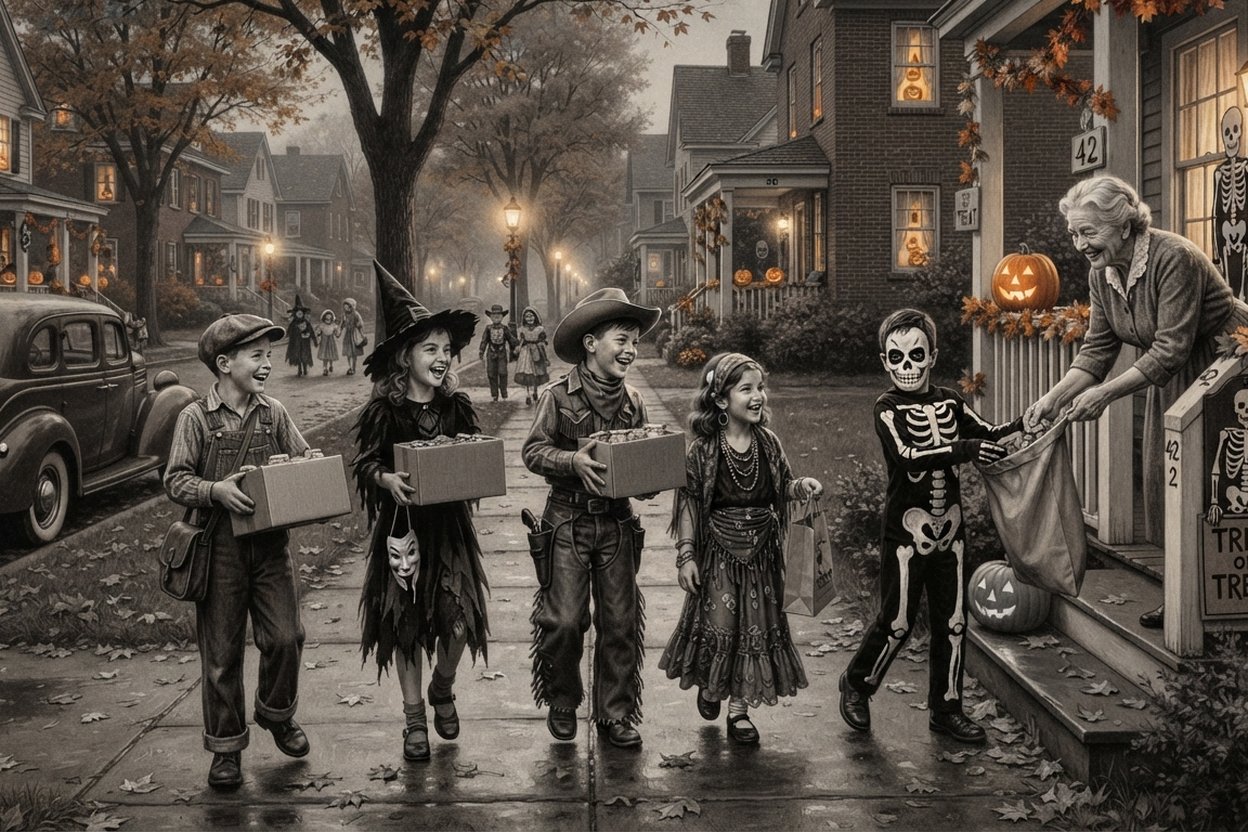 Black-and-white illustration of children in old-fashioned Halloween costumes trick-or-treating on a village street