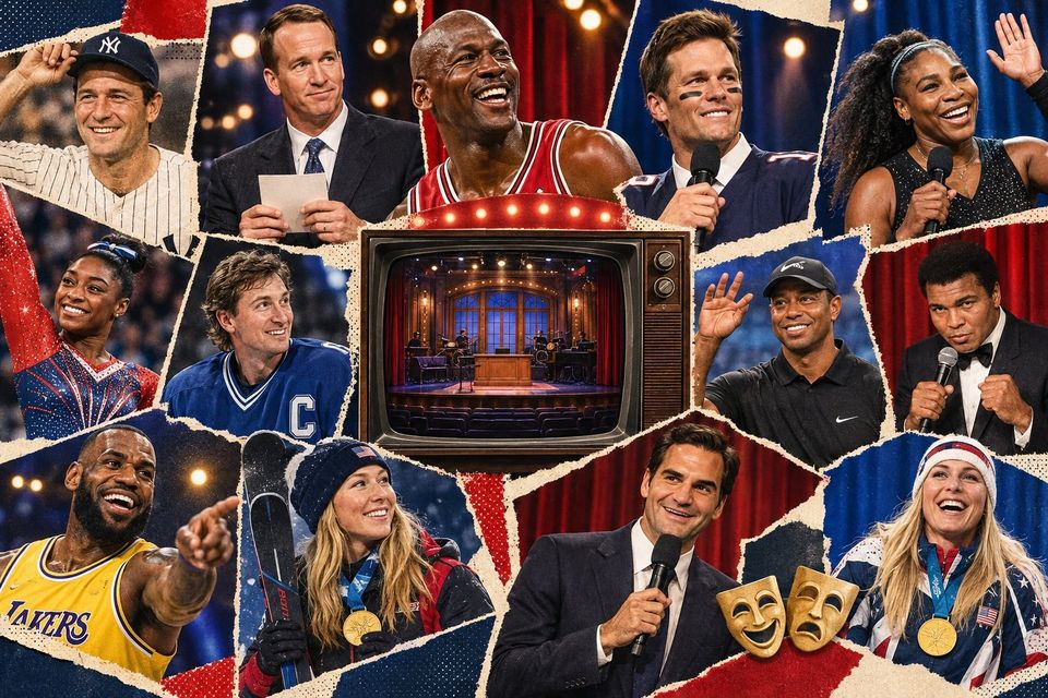 Athletes and cast members on the Saturday Night Live set